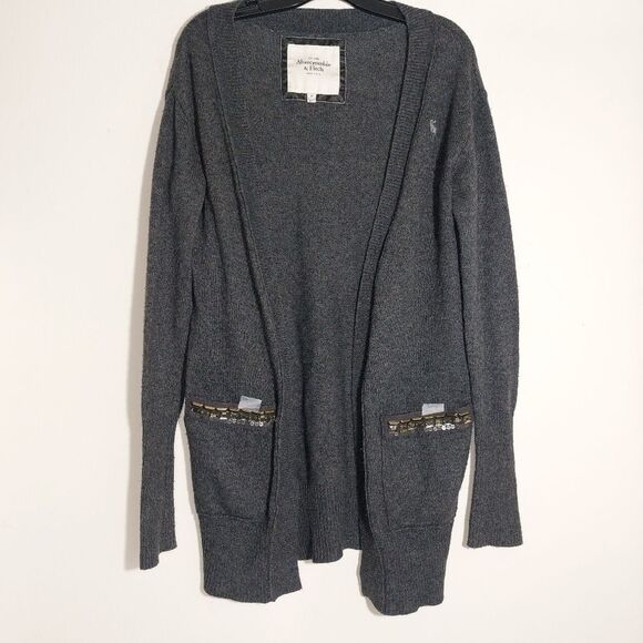 Abercrombie & Fitch Gray Cardigan Open Front Pockets Embellished Casual - Picture 1 of 9